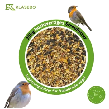 Kreisförmige Anzeige von Vogelfuttermischung mit der Aufschrift "25kg hochwertiges Streufutter" mit dem Abzeichen "GVO frei" für Wildvögel.