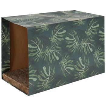 Griffoir rectangulaire pour chat avec motif de feuilles tropicales vertes et surface à griffer en carton ondulé à l'intérieur.