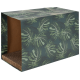 Griffoir rectangulaire pour chat avec motif de feuilles tropicales vertes et surface à griffer en carton ondulé à l'intérieur.
