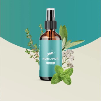 Flasche mit HundPur Zahnreinigungsspray für Hunde, mit einem türkisfarbenen Etikett, auf dem die Texte "Zähne" und "Dentalcomplex" stehen, umgeben von frischen Kräutern.