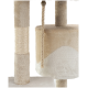 Nahaufnahme eines beige-weißen Katzenbaums mit weichen Stoffoberflächen, einem strukturierten Kratzpfosten und einem hängenden Seilspielzeug.