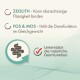 Bild zeigt Text über Haustiergesundheit: "ZEOLITH - Kann überschüssige Flüssigkeit binden" und "FOS & MOS - Hält die Darmfunktion im Gleichgewicht."