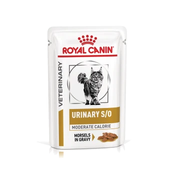 Royal Canin Veterinary Urinary S/O moderate calorie cat food pouch with cat image, "Morsels in Gravy"