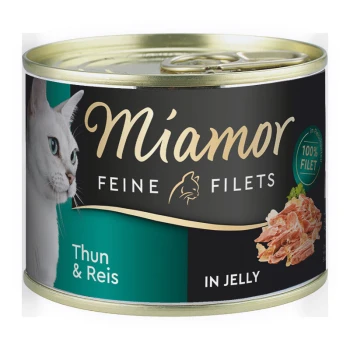 Dosenkatzenfutter mit dem Etikett "Miamor Feine Filets", das Thunfisch und Reis in Gelee enthält, mit dem Gesicht einer weißen Katze auf dem Etikett.