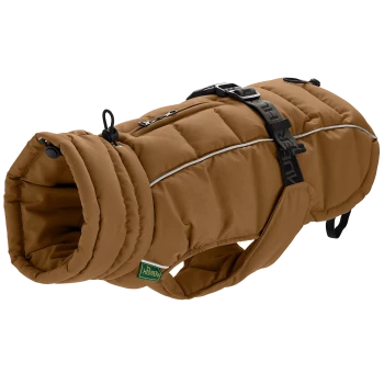 Brauner gepolsterter Hundemantel mit verstellbaren Riemen und reflektierenden Details, mit grünem 'HUNTER'-Logo.