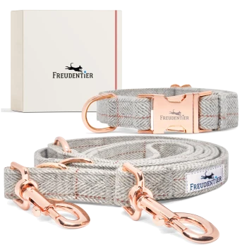 Graues Fischgräten-Haustierhalsband und Leinen-Set mit roségoldenen Beschlägen und "Freudentier"-Markierung.