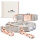Graues Fischgräten-Haustierhalsband und Leinen-Set mit roségoldenen Beschlägen und "Freudentier"-Markierung.