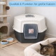 Bedeckte GarPet-Katzentoilette mit Vorderklappe, Näpfen und Katzenbett; sichtbarer Text: 'Qualität & Funktion für große Katzen'.