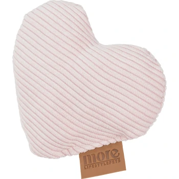 Herzförmiges Haustierspielzeug aus rosa Cord mit braunem Etikett mit der Aufschrift 'more LIFESTYLEPETS'.
