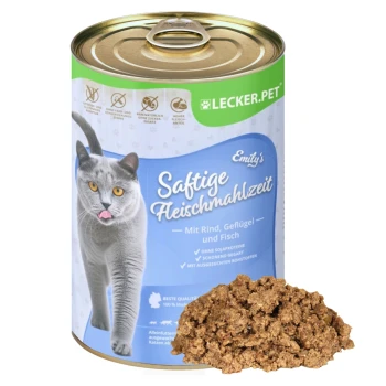 Dosenfutter für Katzen, gekennzeichnet mit "Emily's Saftige Fleischmahlzeit" mit einer grauen Katze auf der Vorderseite, mit Zutaten aus Rindfleisch, Geflügel und Fisch.