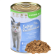Dosenfutter für Katzen, gekennzeichnet mit "Emily's Saftige Fleischmahlzeit" mit einer grauen Katze auf der Vorderseite, mit Zutaten aus Rindfleisch, Geflügel und Fisch.
