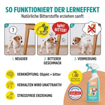 Eine "GREEN HERO"-Sprühflasche mit einem Hundebild, "Nature Knows Best" und "Knabber-EX" auf einem türkisfarbenen Hintergrund, mit Logos für natürliche Inhaltsstoffe.