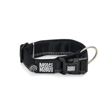 Schwarzes verstellbares Hundehalsband mit reflektierender Naht, Metall-D-Ring, Kunststoffverschluss und "Max & Molly Urban Pets"-Logo.