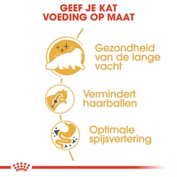 Illustratie die op maat gemaakt kattenvoer promoot, met voordelen: 'Gezonde lange vacht,' 'Vermindert haarballen,' en 'Optimale spijsvertering.'