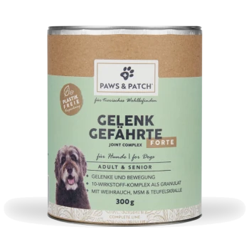 Paws & Patch Dose: 'Gelenk Gefährte Forte' Gelenkkomplex für Hunde, Adult & Senior, 300 g; Hundeabbildung und 'Plastikfreie'-Abzeichen.