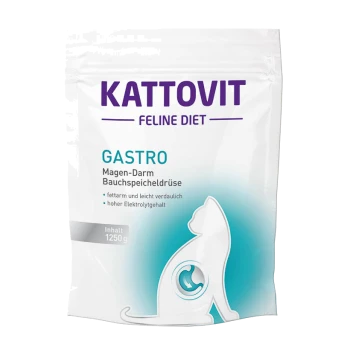 Kattovit Feline Diet Gastro Katzenfutterverpackung, 1250g, mit einer weißen Silhouette einer Katze und Text, der die Verdauungsvorteile hervorhebt.