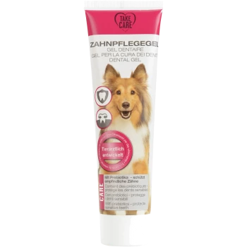 Tube of Take Care dental gel for dogs with prebiotics, protecting sensitive teeth, featuring a smiling dog image.