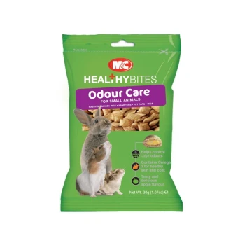M&C Healthy Bites Odour Care for small animals with rabbits, guinea pigs, hamsters, pet rats, and mice, 30g pack.
