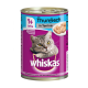 Dose Katzenfutter mit einer grauen Katze auf dem Etikett, mit dem Text 'Whiskas 1+ Jahre mit Thunfisch in Terrine' und einer Schüssel mit Futter.