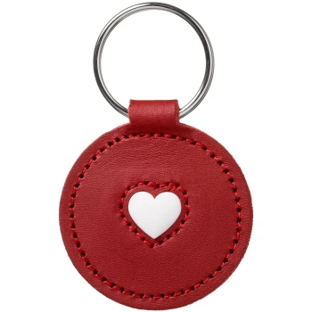 Schlüsselanhänger Love / rot / 4,8 cm Roter Leder-Schlüsselanhänger mit einem weißen Herzdesign in der Mitte, befestigt an einem Metallring.