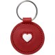 Roter Leder-Schlüsselanhänger mit einem weißen Herzdesign in der Mitte, befestigt an einem Metallring.