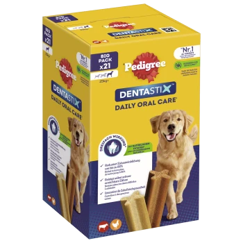Pedigree Dentastix Daily Oral Care Hundeleckerlis-Box, mit einem Golden Retriever, mit Ansprüchen zur Reduzierung der Zahnsteinbildung und Unterstützung der Zahnfleischgesundheit.