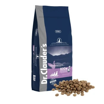 Dr. Clauder's HypoSensitive Hundefutterbeutel mit der Formel "Ente & Kartoffel", 600g, mit Futterbrocken, die davor verstreut sind.