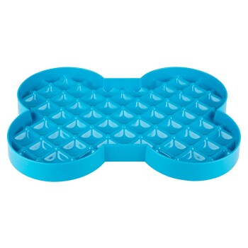 Blauer, knochenförmiger Slow-Feeder-Hundenapf mit erhöhtem Rautenmuster zur Verlangsamung der Futteraufnahme.