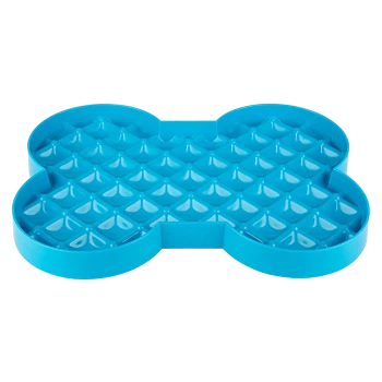 Blauer, knochenförmiger Slow-Feeder-Hundenapf mit erhöhtem Rautenmuster zur Verlangsamung der Futteraufnahme.