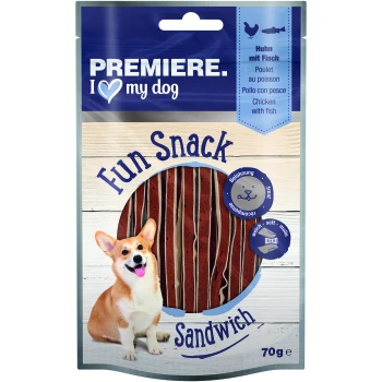 Fun Snack Sandwich Huhn mit Fisch 70 g Verpackung für Hundeleckerlis mit der Aufschrift 'Premiere. Ich liebe meinen Hund', mit einem Corgi und dem Text 'Fun Snack Sandwich' mit Bildern von Huhn und Fisch.
