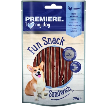Verpackung für Hundeleckerlis mit der Aufschrift 'Premiere. Ich liebe meinen Hund', mit einem Corgi und dem Text 'Fun Snack Sandwich' mit Bildern von Huhn und Fisch.