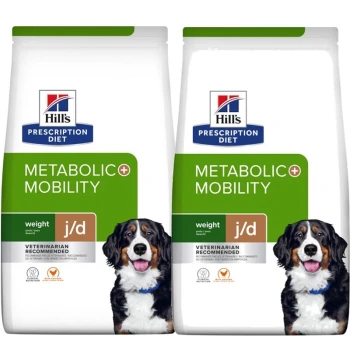 Sacs de nourriture pour chiens Hill's Prescription Diet Metabolic + Mobility, présentant un chien de montagne bernois sur le devant, étiquetés "Recommandé par les vétérinaires."