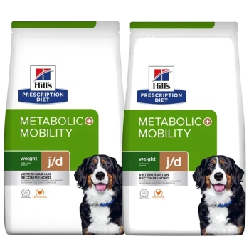 Hill's Prescription Diet Metabolic + Mobility Hundefutterbeutel, mit einem Bernersennenhund auf der Vorderseite, beschriftet mit "Vom Tierarzt empfohlen."