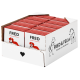 Eine Pappdisplay-Box mit mehreren roten Paketen Tierfutter, die mit "FRED" und "FRED & FELIA" beschriftet sind und Illustrationen eines Hundes und einer Katze zeigen.