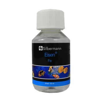 Flasche mit Silbermann Eisen (Eisen) Ergänzung für Aquarien, 100 ml, mit bunten Fischgrafiken auf dem Etikett.