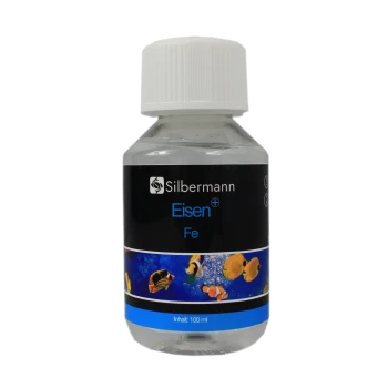 Flasche mit Silbermann Eisen (Eisen) Ergänzung für Aquarien, 100 ml, mit bunten Fischgrafiken auf dem Etikett.