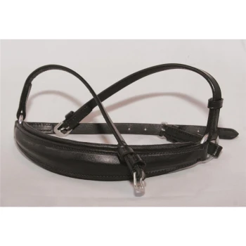 Schwarzes Lederhaustiergeschirr mit verstellbaren Riemen und silbernen Schnallen, auf einem weißen Hintergrund präsentiert.