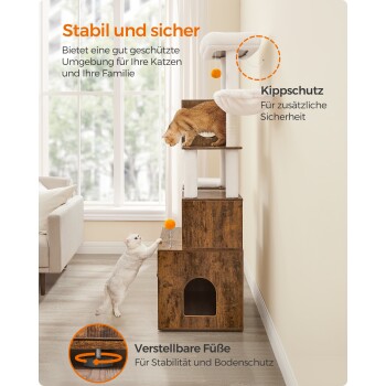 Katzenbaum mit zwei spielenden Katzen; Merkmale sind Stabilität, verstellbare Füße und Sicherheitsvorrichtung. Text hebt Stabilität und Sicherheit hervor.