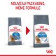 Image de deux sacs de nourriture pour chats Royal Canin étiquetés "Light Weight," avec un nouvel emballage à droite indiquant "NOUVEAU PACKAGING, MÊME FORMULE."