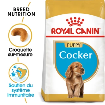 Sac de nourriture pour chien Royal Canin Puppy Cocker mettant en avant une nutrition spécifique à la race, avec des icônes pour des croquettes personnalisées et un soutien du système immunitaire.