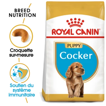 Sac de nourriture pour chien Royal Canin Puppy Cocker mettant en avant une nutrition spécifique à la race, avec des icônes pour des croquettes personnalisées et un soutien du système immunitaire.