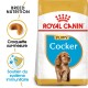 Sac de nourriture pour chien Royal Canin Puppy Cocker mettant en avant une nutrition spécifique à la race, avec des icônes pour des croquettes personnalisées et un soutien du système immunitaire.
