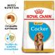 Sac de nourriture pour chien Royal Canin Puppy Cocker mettant en avant une nutrition spécifique à la race, avec des icônes pour des croquettes personnalisées et un soutien du système immunitaire.