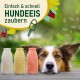 Drei bunte Hundeeisbehälter mit der Aufschrift "SMOOTHIE DOG" in einer natürlichen Umgebung, mit dem Text "Einfach & schnell HUNDEEIS zaubern" darüber.
