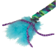 Jouet d'agitation pour chat coloré avec poignée tressée verte et bleue, pompon de plumes turquoise et tentacules de ruban violets