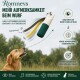 Golden Retriever läuft auf Gras mit einem grün-weißen Trainingsdummy im Maul.