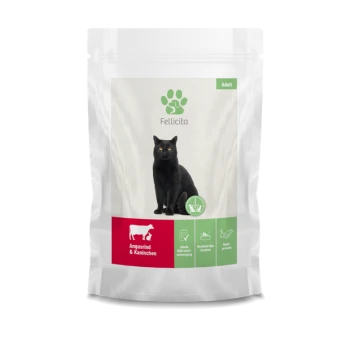 Schwarze Katze auf einem Tierfutterbeutel mit der Aufschrift "Fellicita" und "Erwachsene" sowie "Angusrind & Kaninchen" in Rot, mit Symbolen für Ernährung und Protein.