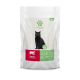 Schwarze Katze auf einem Tierfutterbeutel mit der Aufschrift "Fellicita" und "Erwachsene" sowie "Angusrind & Kaninchen" in Rot, mit Symbolen für Ernährung und Protein.