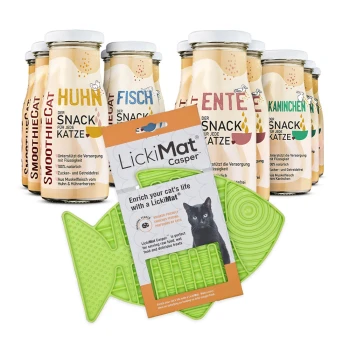 Grüner, fischförmiger LickiMat Casper Katzenfütterer mit Verpackung und verschiedenen SmoothieCat flüssigen Katzensnacks in Glasflaschen.