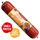 Fleischeslust-Futterbox (Holzkiste) mit Hunde-Kopf, 'Natürlich & Artgerecht' und roter Futterrolle 'Feines Geflügel' (Tender Poultry).